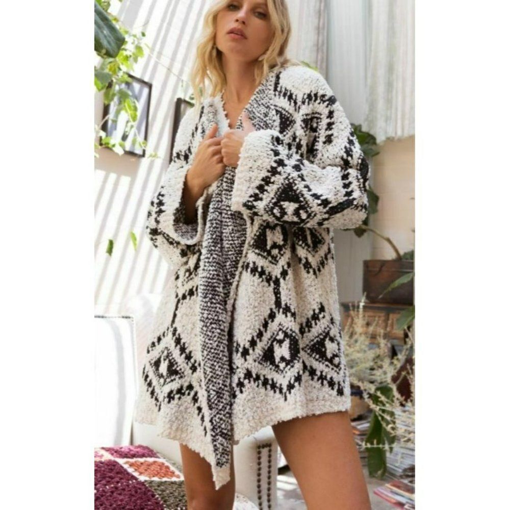 Pol Cothing Cream Aztec Popcorn Sweater Cardigan Relaxed Fit New S-L BST573A